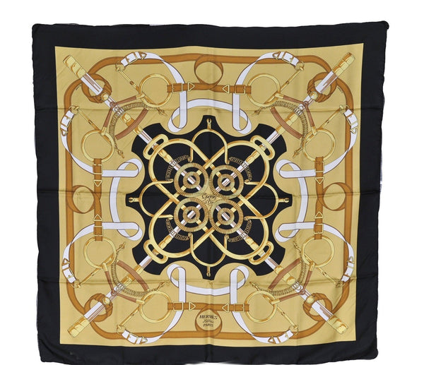 Authentic HERMES Carre 90 Scarf "Eperon d'Or" Silk Black Box 2740F