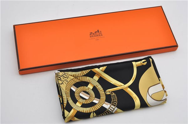 Authentic HERMES Carre 90 Scarf "Eperon d'Or" Silk Black Box 2740F