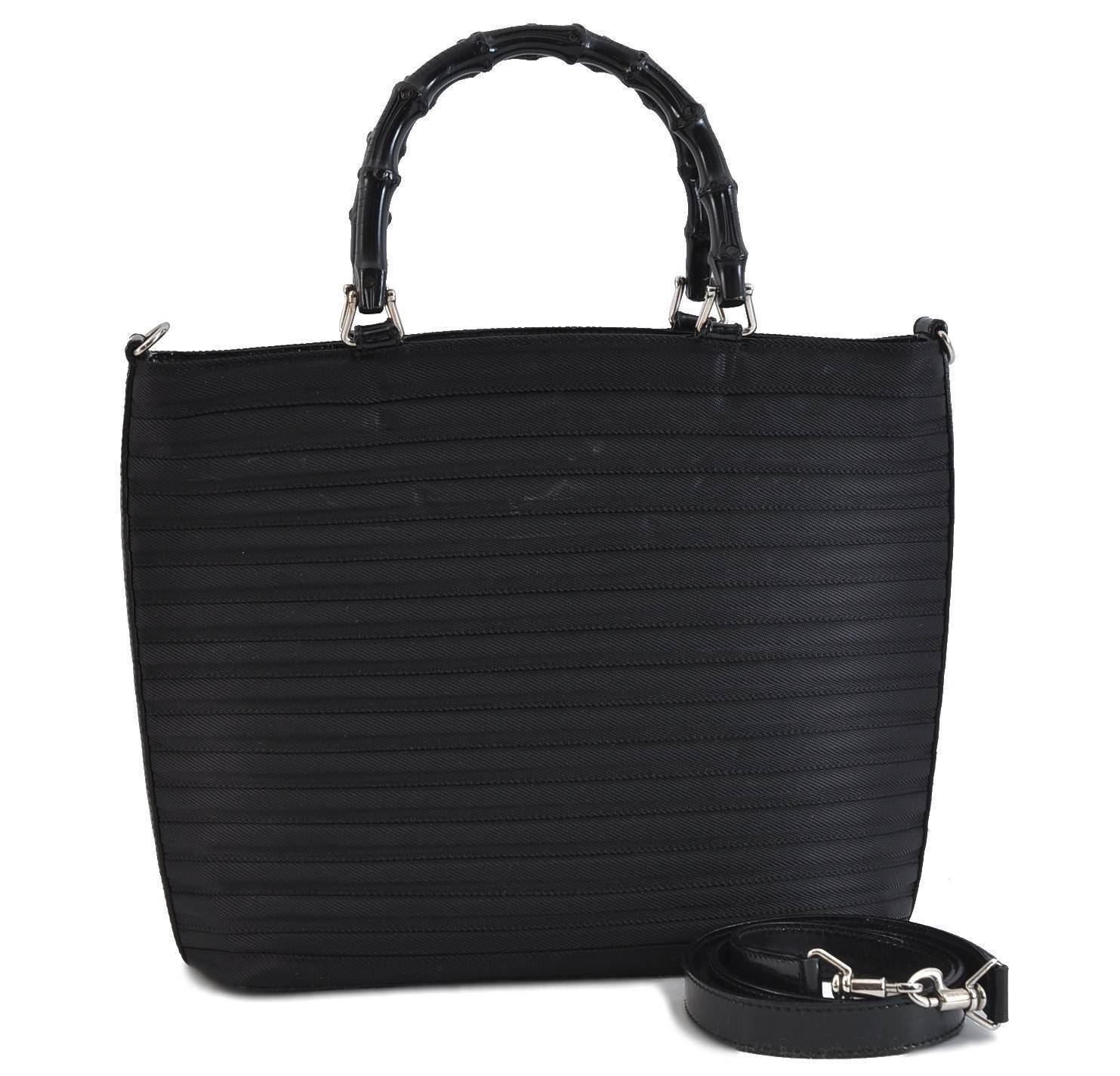 Authentic GUCCI Bamboo 2way Hand Shoulder Bag Purse Nylon Leather Black 2745C
