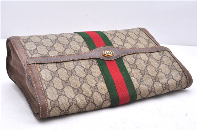 Authentic GUCCI Web Sherry Line Clutch Hand Bag Purse GG PVC Leather Brown 2745E