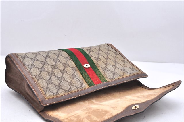 Authentic GUCCI Web Sherry Line Clutch Hand Bag Purse GG PVC Leather Brown 2745E