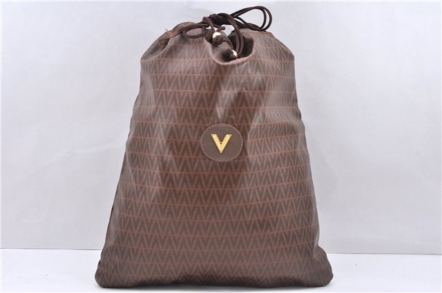 Authentic MARIO VALENTINO V Logo Drawstring Bag PVC Leather Brown 2752E