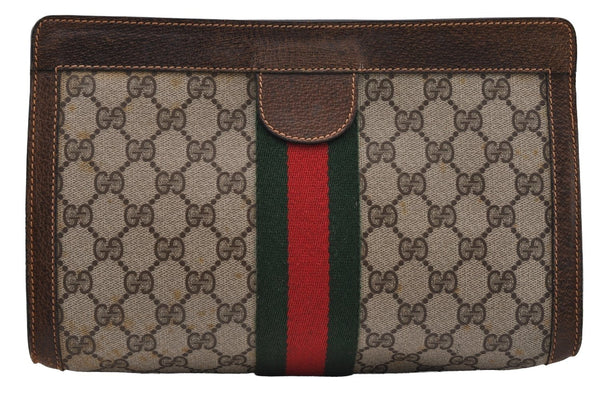 Authentic GUCCI Web Sherry Line Clutch Hand Bag GG PVC Leather Brown Junk 2753I