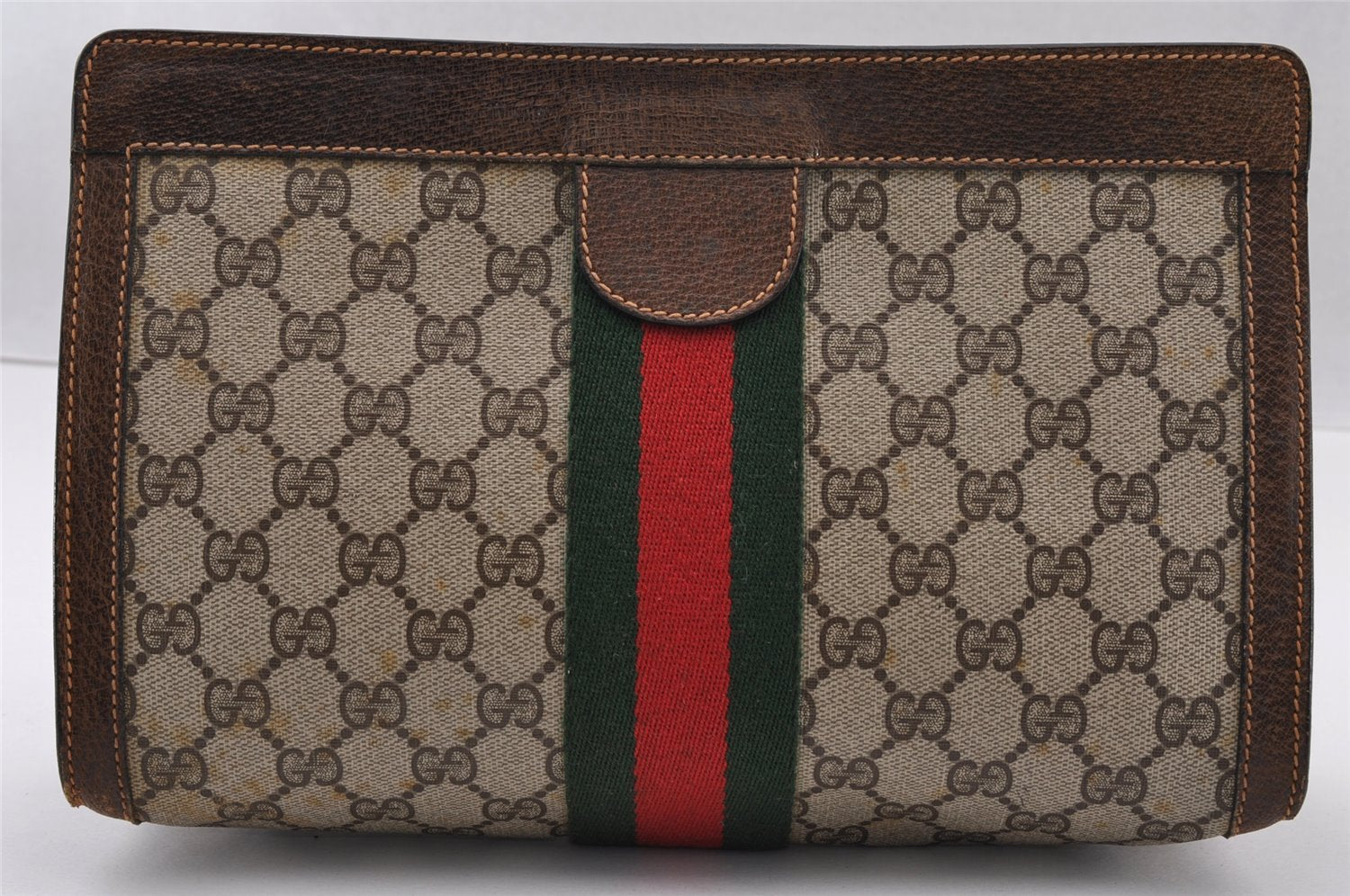Authentic GUCCI Web Sherry Line Clutch Hand Bag GG PVC Leather Brown Junk 2753I