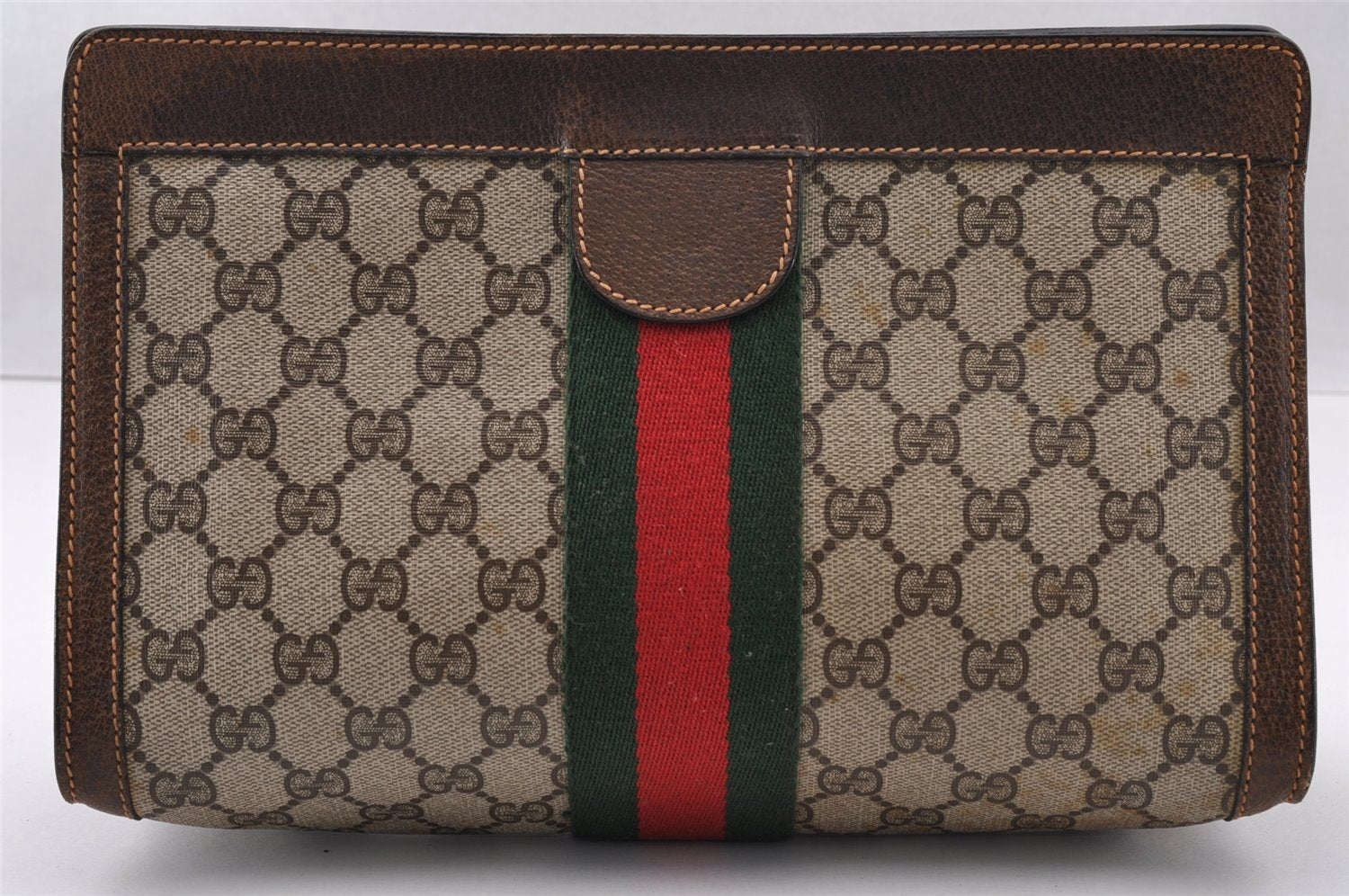 Authentic GUCCI Web Sherry Line Clutch Hand Bag GG PVC Leather Brown Junk 2753I