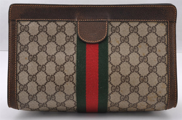 Authentic GUCCI Web Sherry Line Clutch Hand Bag GG PVC Leather Brown Junk 2753I