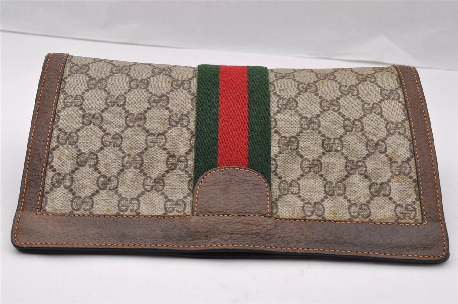 Authentic GUCCI Web Sherry Line Clutch Hand Bag GG PVC Leather Brown Junk 2753I