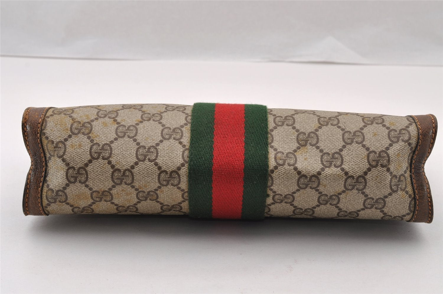 Authentic GUCCI Web Sherry Line Clutch Hand Bag GG PVC Leather Brown Junk 2753I