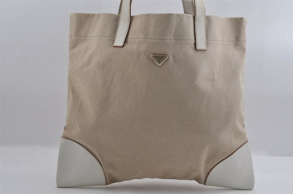 Authentic PRADA Vintage Canvas Leather Shoulder Tote Bag Beige White 2756I