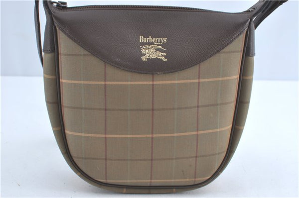 Auth Burberrys Check Shoulder Cross Body Bag Canvas Leather Khaki Green 2759C