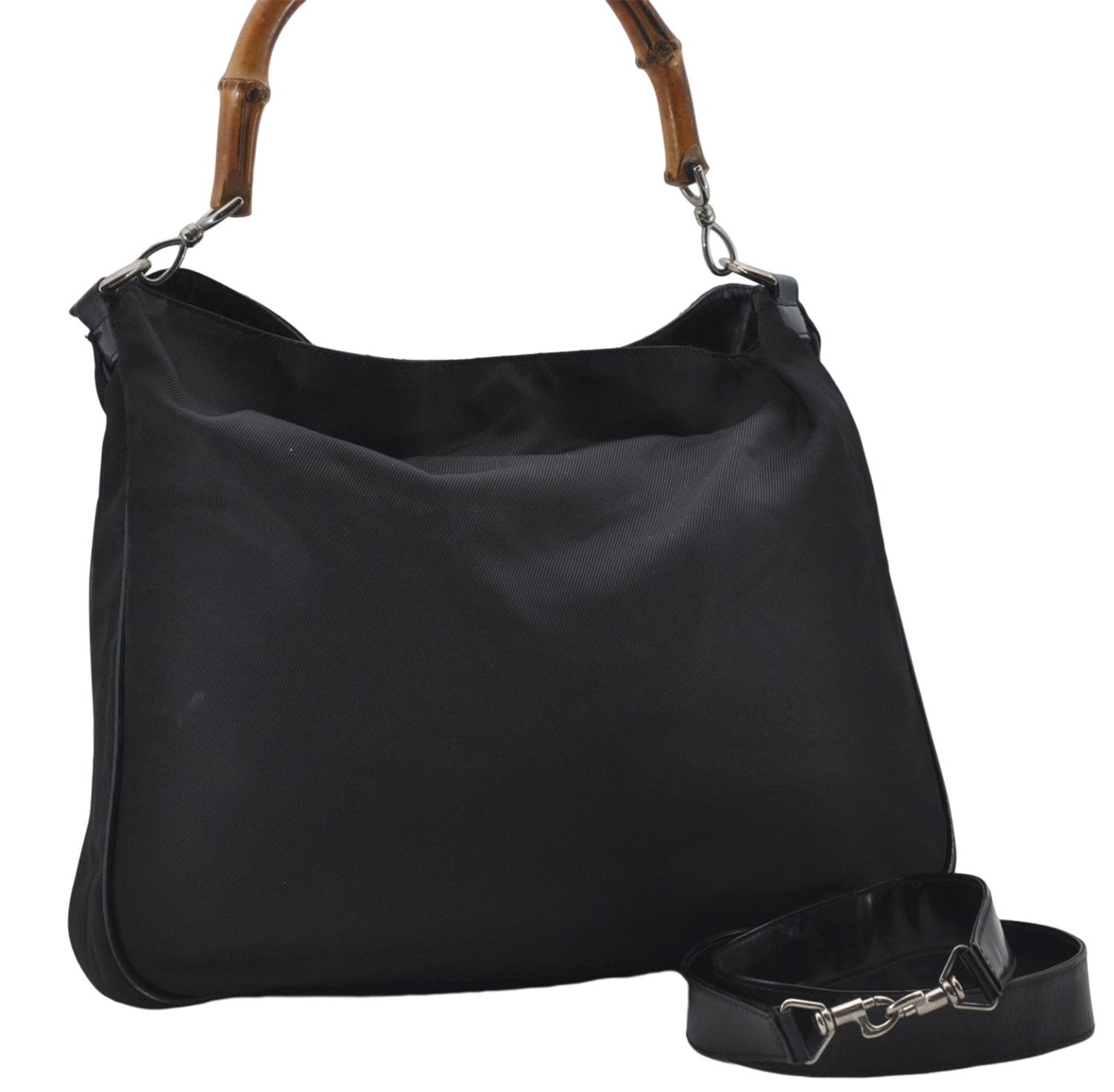 Authentic GUCCI Bamboo Vintage 2Way Shoulder Tote Bag Nylon Leather Black 2760E