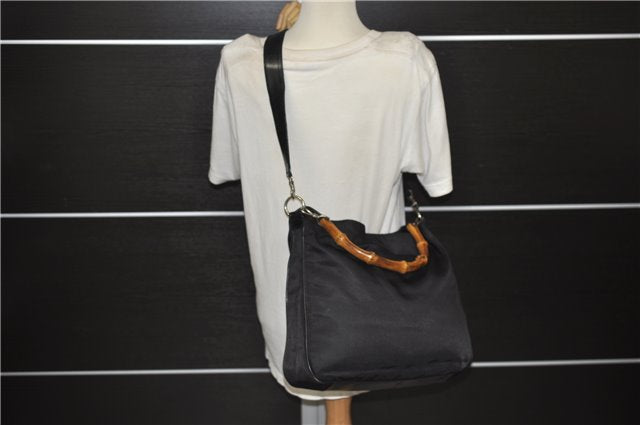 Authentic GUCCI Bamboo Vintage 2Way Shoulder Tote Bag Nylon Leather Black 2760E