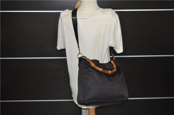Authentic GUCCI Bamboo Vintage 2Way Shoulder Tote Bag Nylon Leather Black 2760E