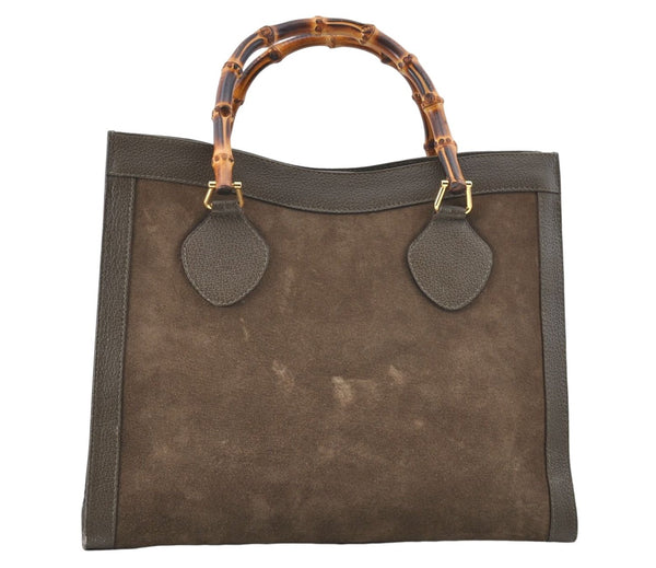 Authentic GUCCI Bamboo Vintage Hand Tote Bag Suede Leather Khaki Green 2762E