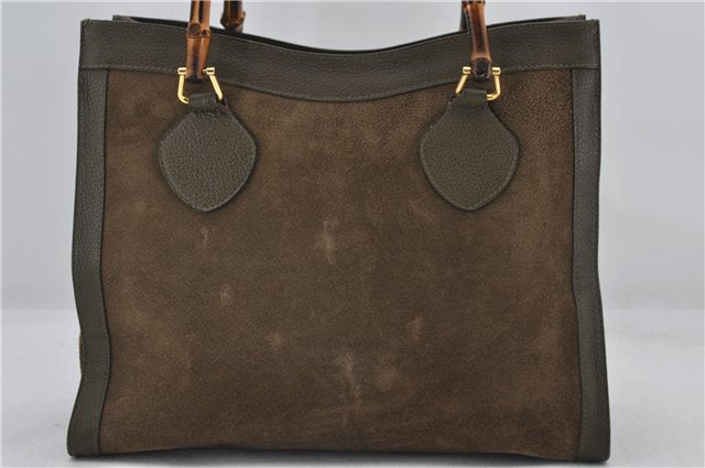 Authentic GUCCI Bamboo Vintage Hand Tote Bag Suede Leather Khaki Green 2762E