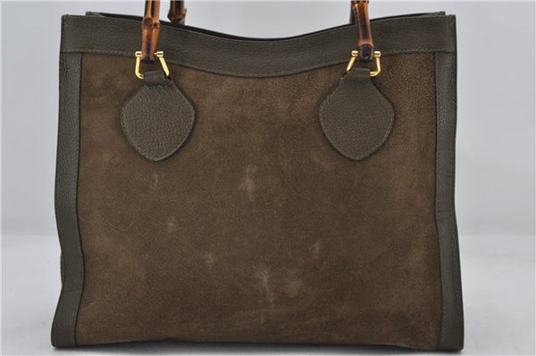 Authentic GUCCI Bamboo Vintage Hand Tote Bag Suede Leather Khaki Green 2762E