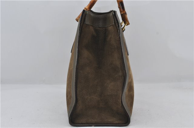 Authentic GUCCI Bamboo Vintage Hand Tote Bag Suede Leather Khaki Green 2762E