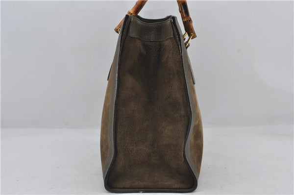 Authentic GUCCI Bamboo Vintage Hand Tote Bag Suede Leather Khaki Green 2762E