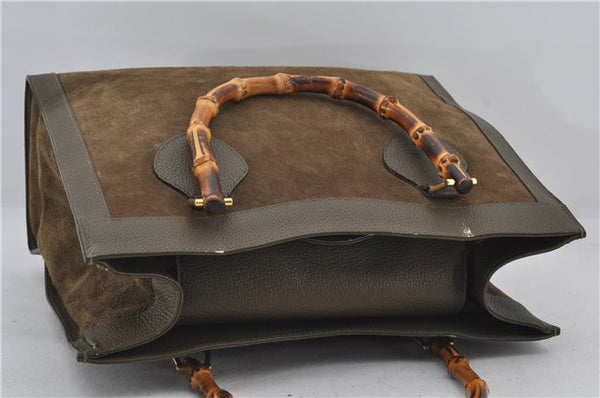 Authentic GUCCI Bamboo Vintage Hand Tote Bag Suede Leather Khaki Green 2762E