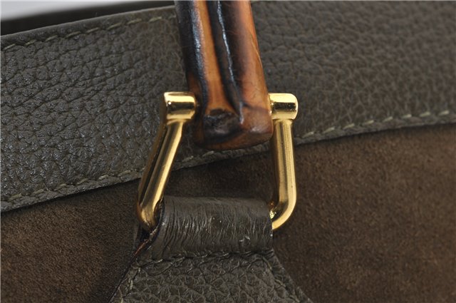 Authentic GUCCI Bamboo Vintage Hand Tote Bag Suede Leather Khaki Green 2762E