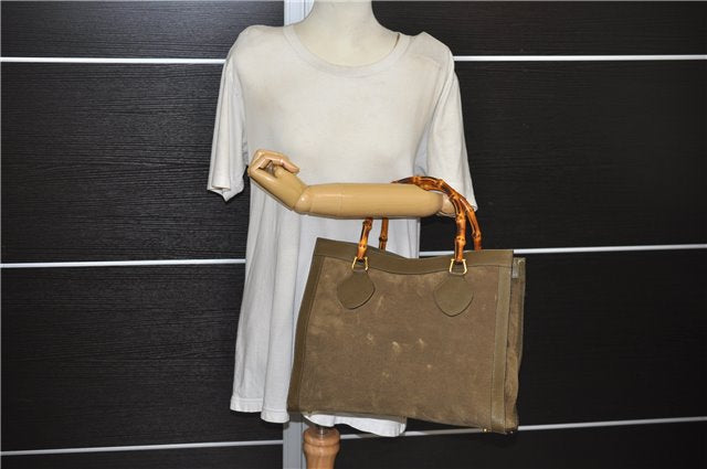 Authentic GUCCI Bamboo Vintage Hand Tote Bag Suede Leather Khaki Green 2762E
