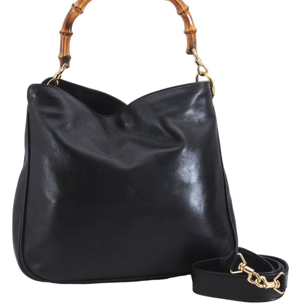 Authentic GUCCI Bamboo Vintage 2Way Shoulder Hand Bag Purse Leather Black 2766E