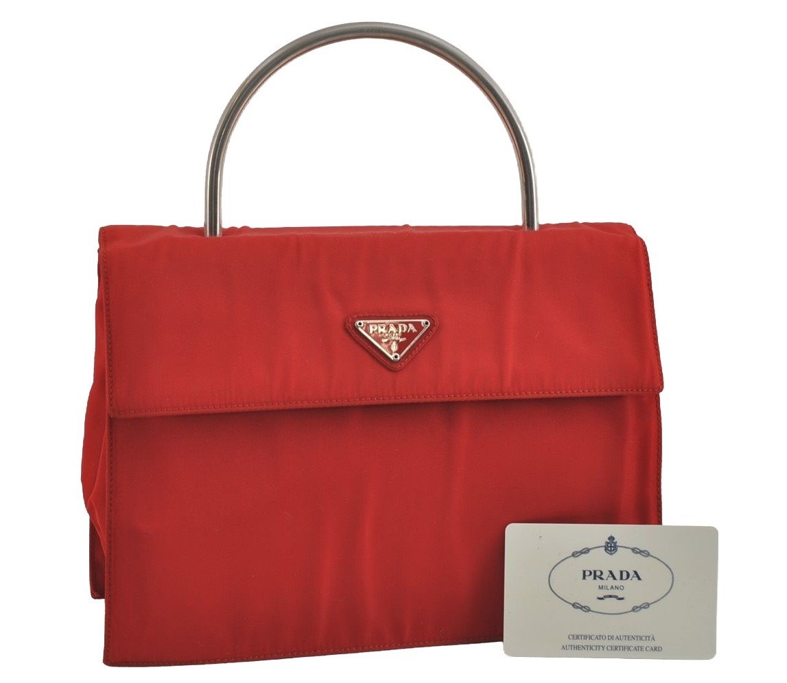Authentic PRADA METAL Vintage Nylon Tessuto Hand Bag Purse B7004 Red 2766I