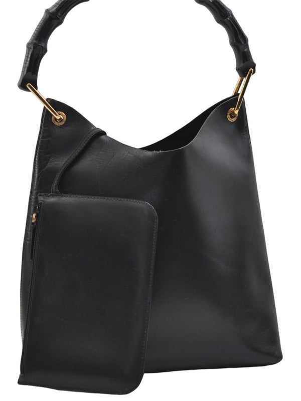 Authentic GUCCI Bamboo Vintage Shoulder Hand Bag Purse Leather Black 2767E