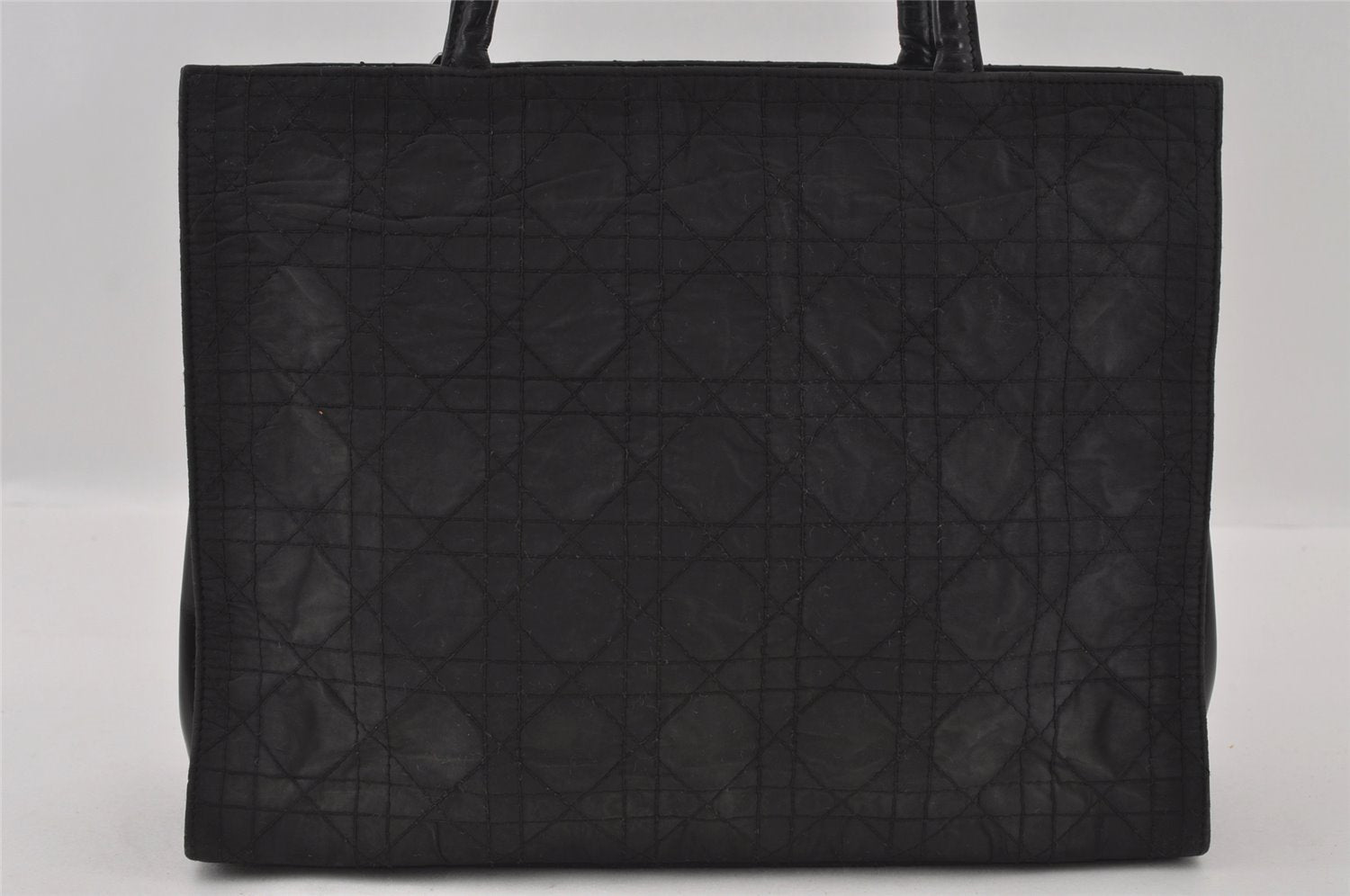Authentic Christian Dior Lady Dior Cannage Nylon Enamel Hand Bag Black 2772I