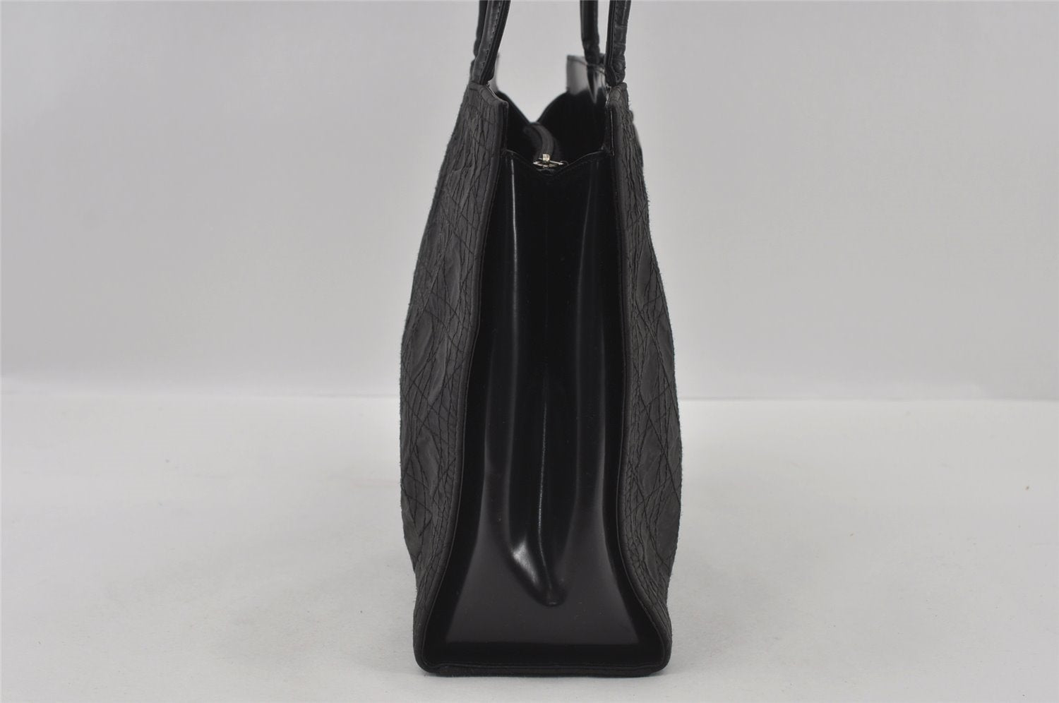 Authentic Christian Dior Lady Dior Cannage Nylon Enamel Hand Bag Black 2772I