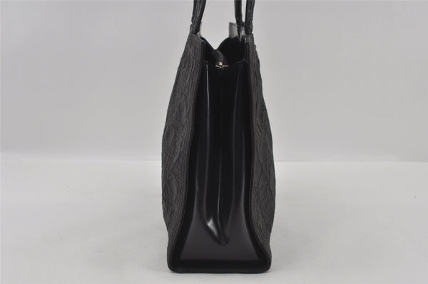 Authentic Christian Dior Lady Dior Cannage Nylon Enamel Hand Bag Black 2772I