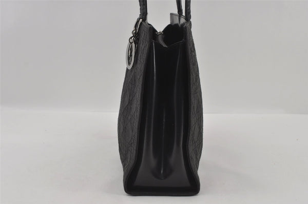 Authentic Christian Dior Lady Dior Cannage Nylon Enamel Hand Bag Black 2772I