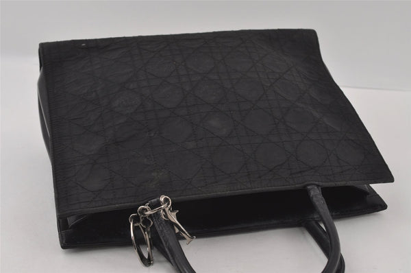 Authentic Christian Dior Lady Dior Cannage Nylon Enamel Hand Bag Black 2772I