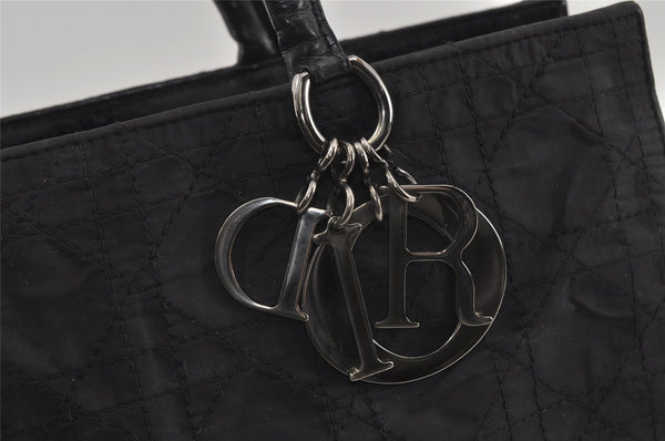 Authentic Christian Dior Lady Dior Cannage Nylon Enamel Hand Bag Black 2772I