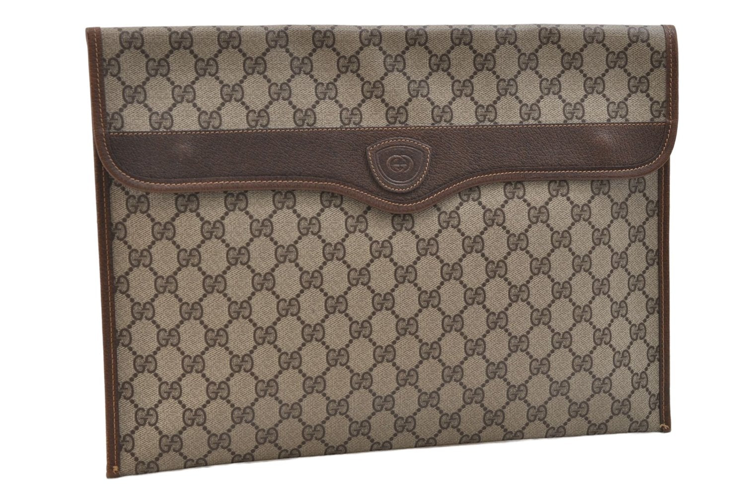 Authentic GUCCI Vintage Clutch Hand Bag Purse GG PVC Leather Brown 2779E