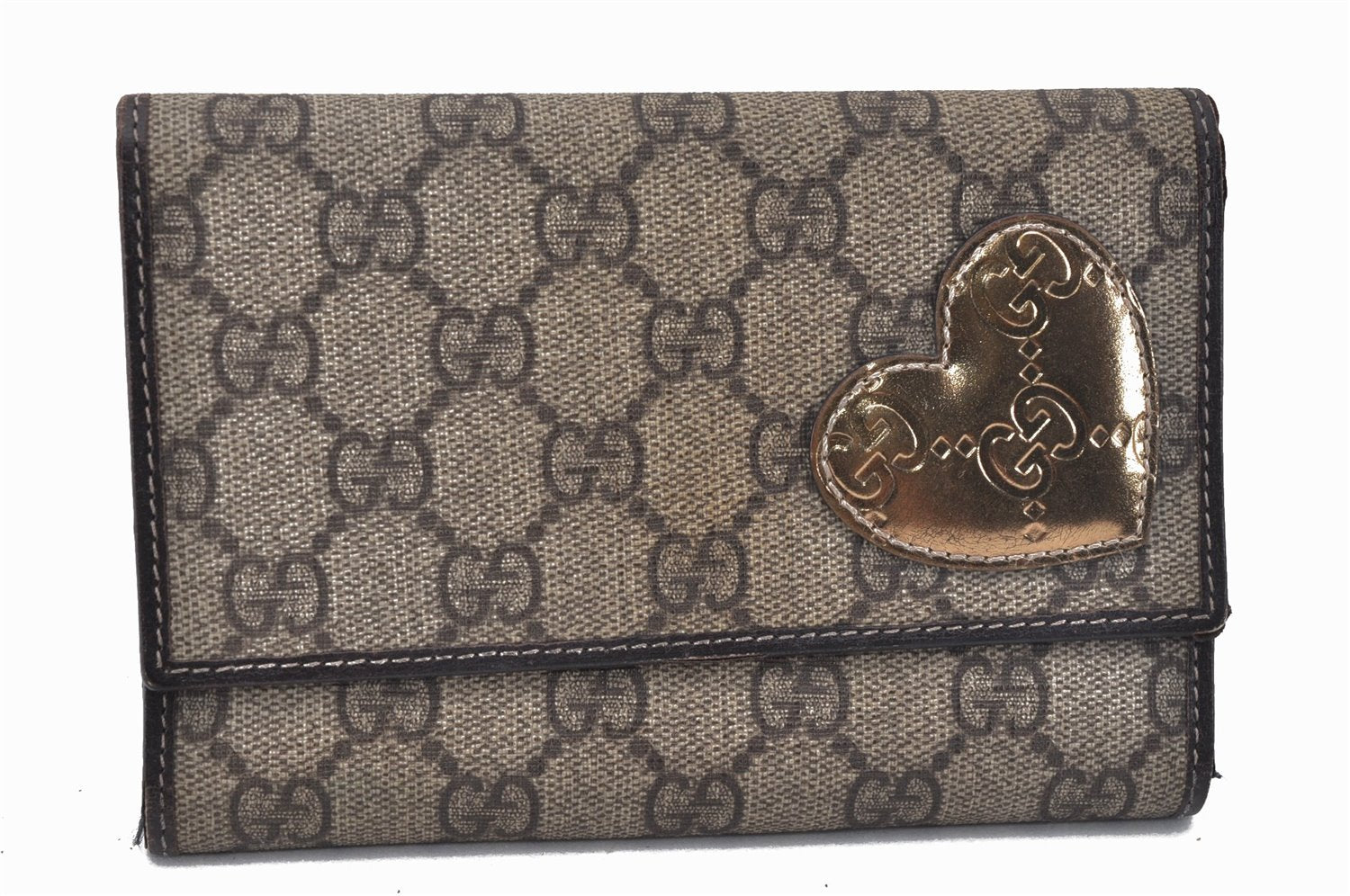 Authentic GUCCI Heart Bifold Wallet Purse GG PVC Leather 212100 Brown 2779F