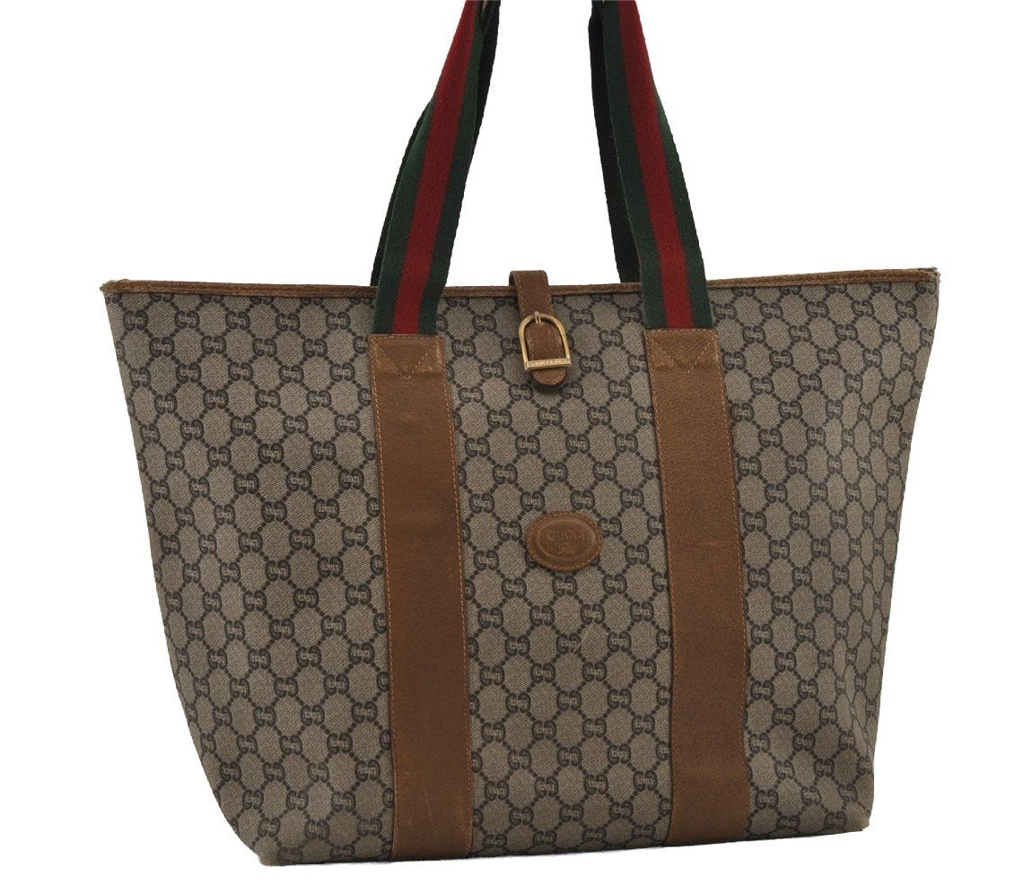 Authentic GUCCI Web Sherry Line GG Plus Tote Bag PVC Leather Brown Junk 2781I