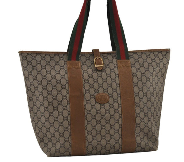 Authentic GUCCI Web Sherry Line GG Plus Tote Bag PVC Leather Brown Junk 2781I