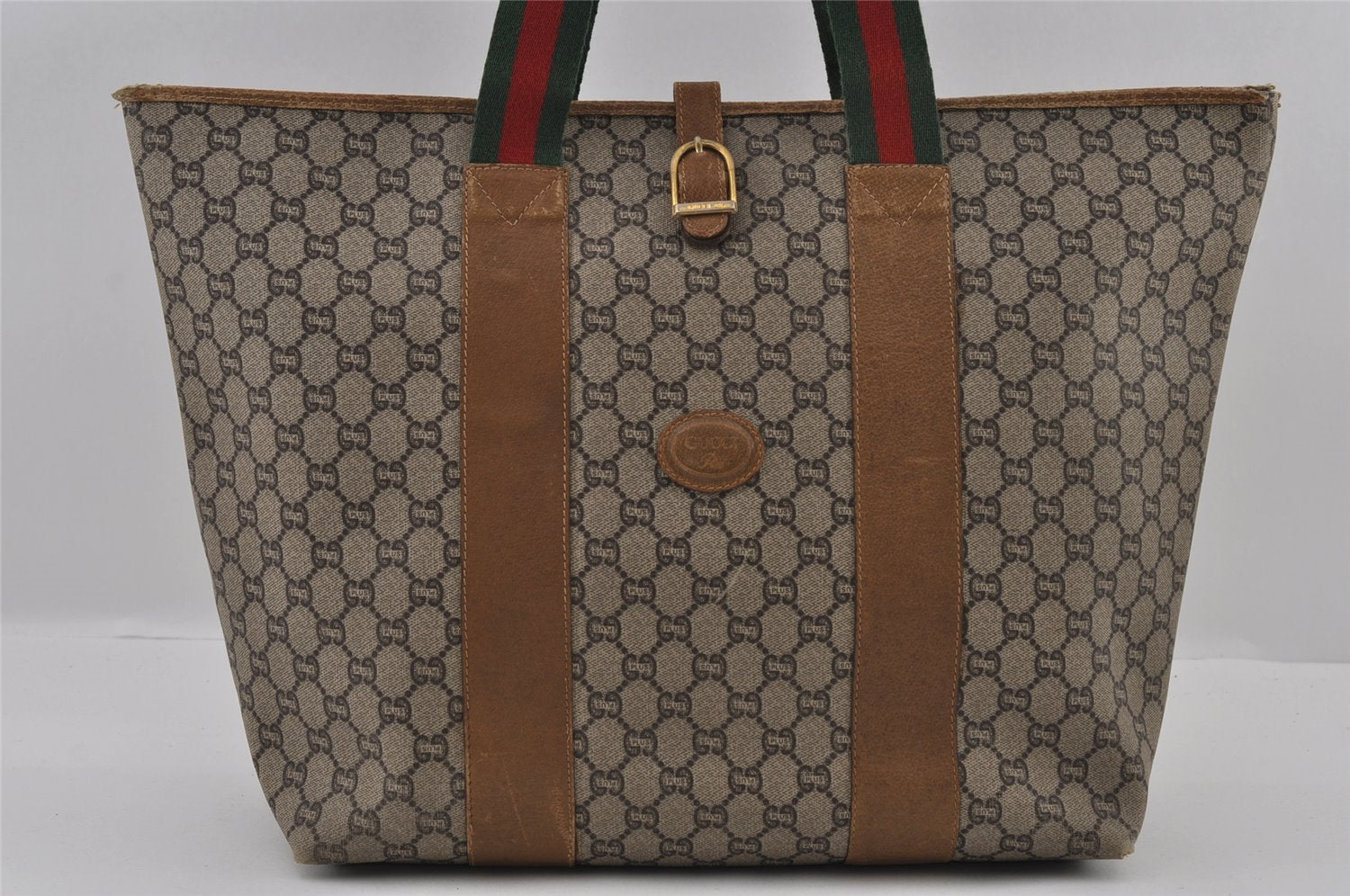 Authentic GUCCI Web Sherry Line GG Plus Tote Bag PVC Leather Brown Junk 2781I