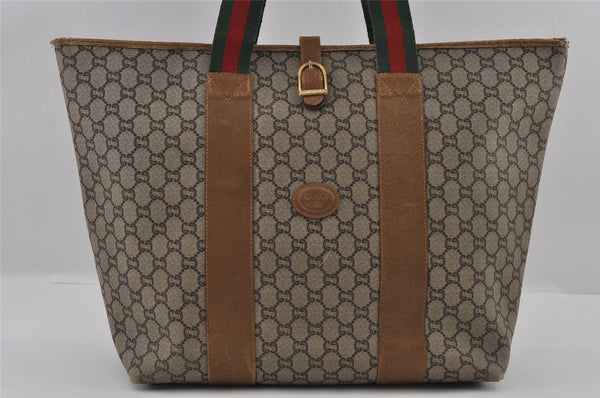 Authentic GUCCI Web Sherry Line GG Plus Tote Bag PVC Leather Brown Junk 2781I