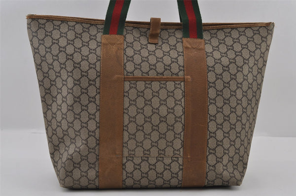 Authentic GUCCI Web Sherry Line GG Plus Tote Bag PVC Leather Brown Junk 2781I