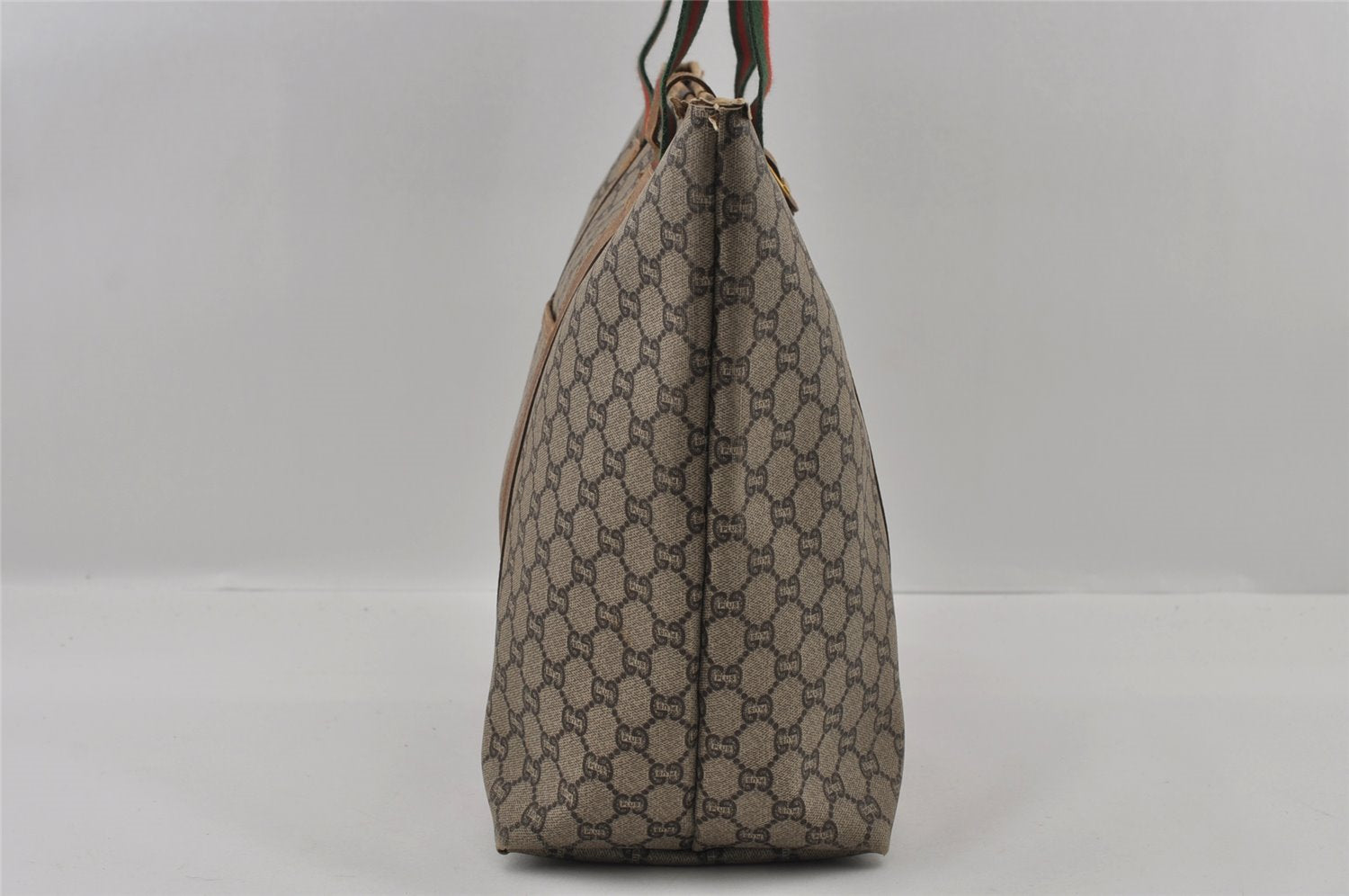 Authentic GUCCI Web Sherry Line GG Plus Tote Bag PVC Leather Brown Junk 2781I