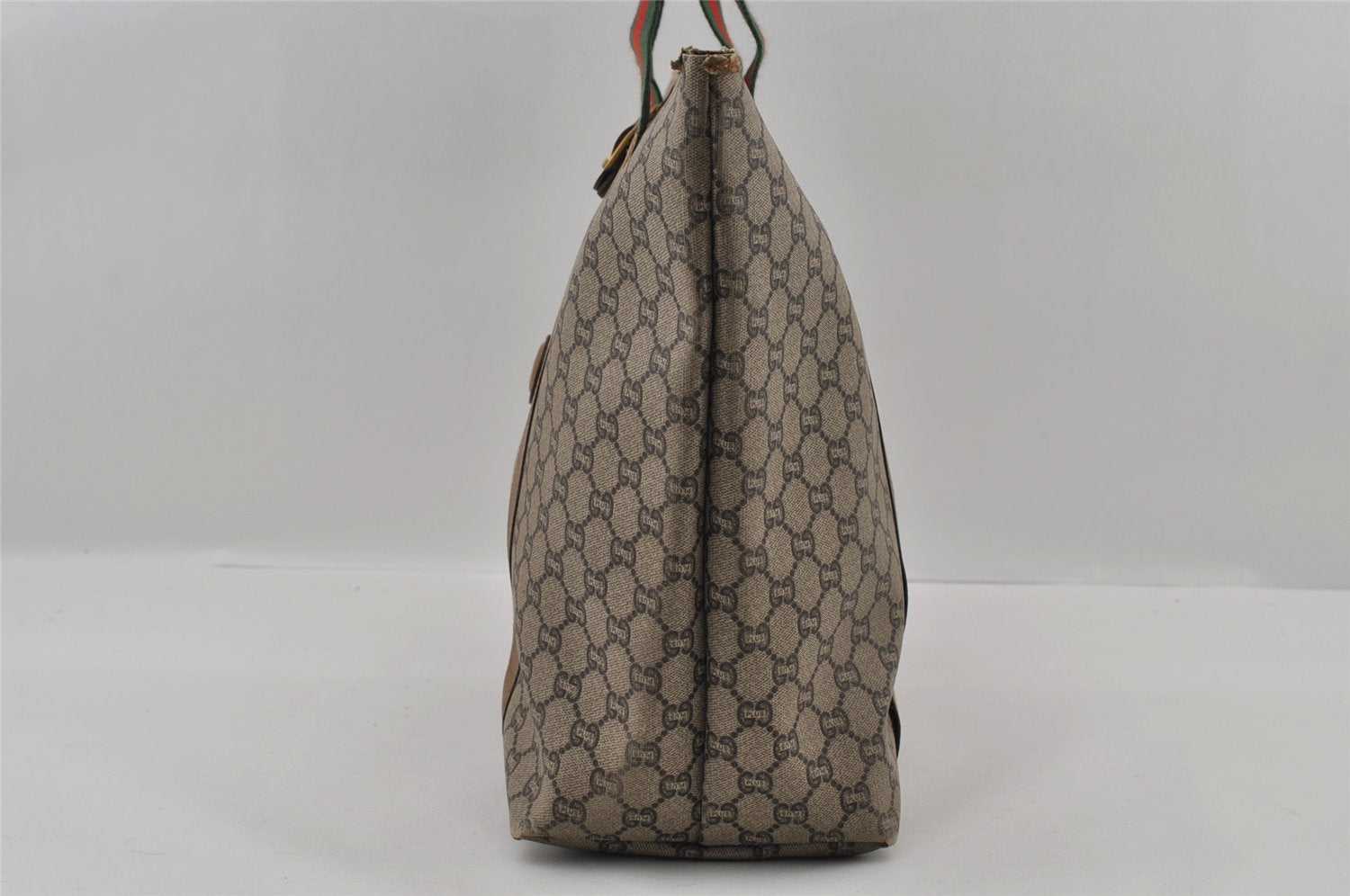 Authentic GUCCI Web Sherry Line GG Plus Tote Bag PVC Leather Brown Junk 2781I