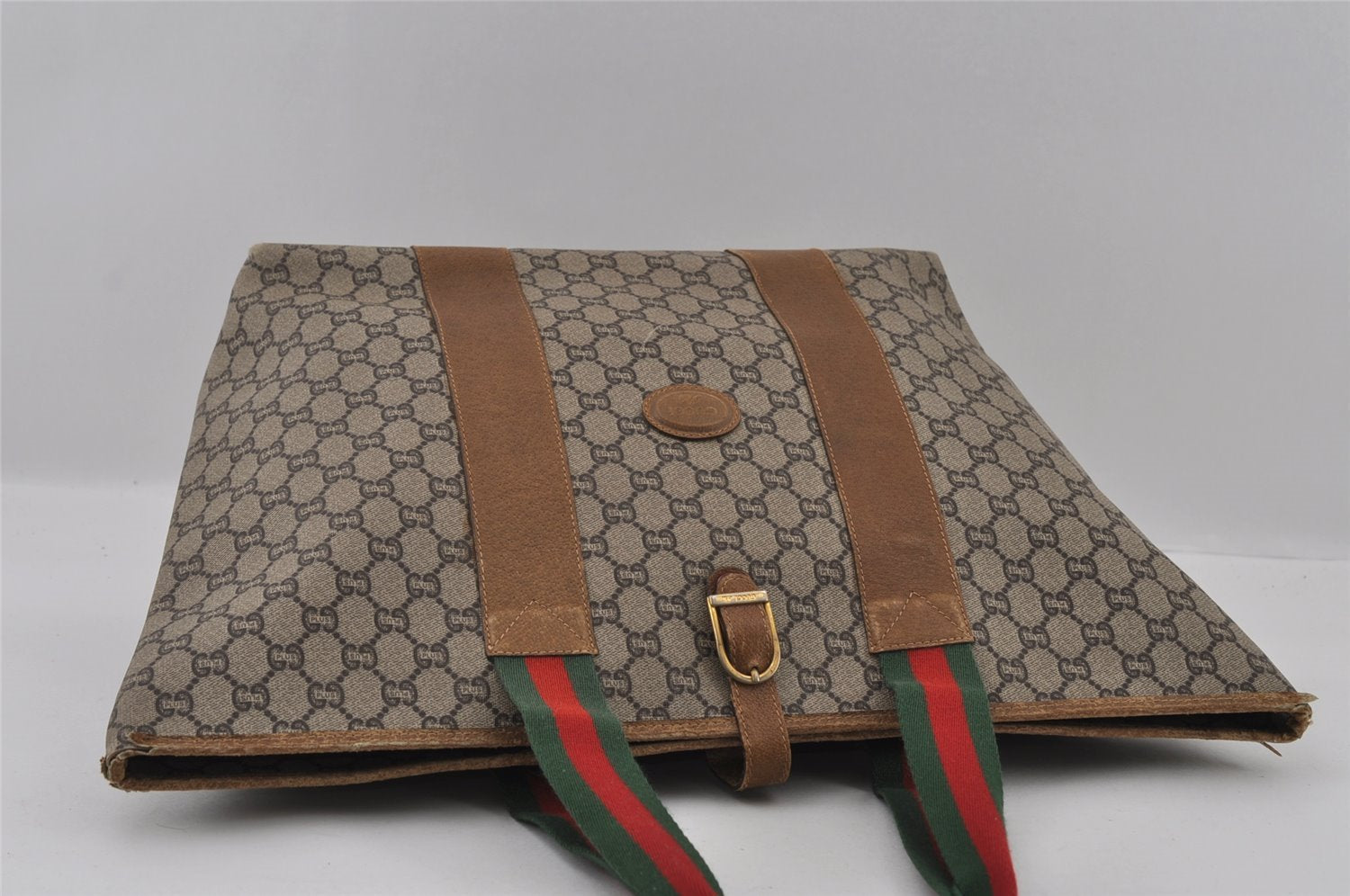 Authentic GUCCI Web Sherry Line GG Plus Tote Bag PVC Leather Brown Junk 2781I