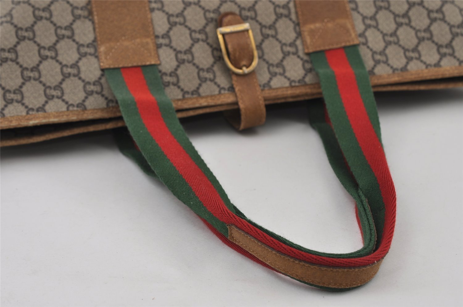 Authentic GUCCI Web Sherry Line GG Plus Tote Bag PVC Leather Brown Junk 2781I