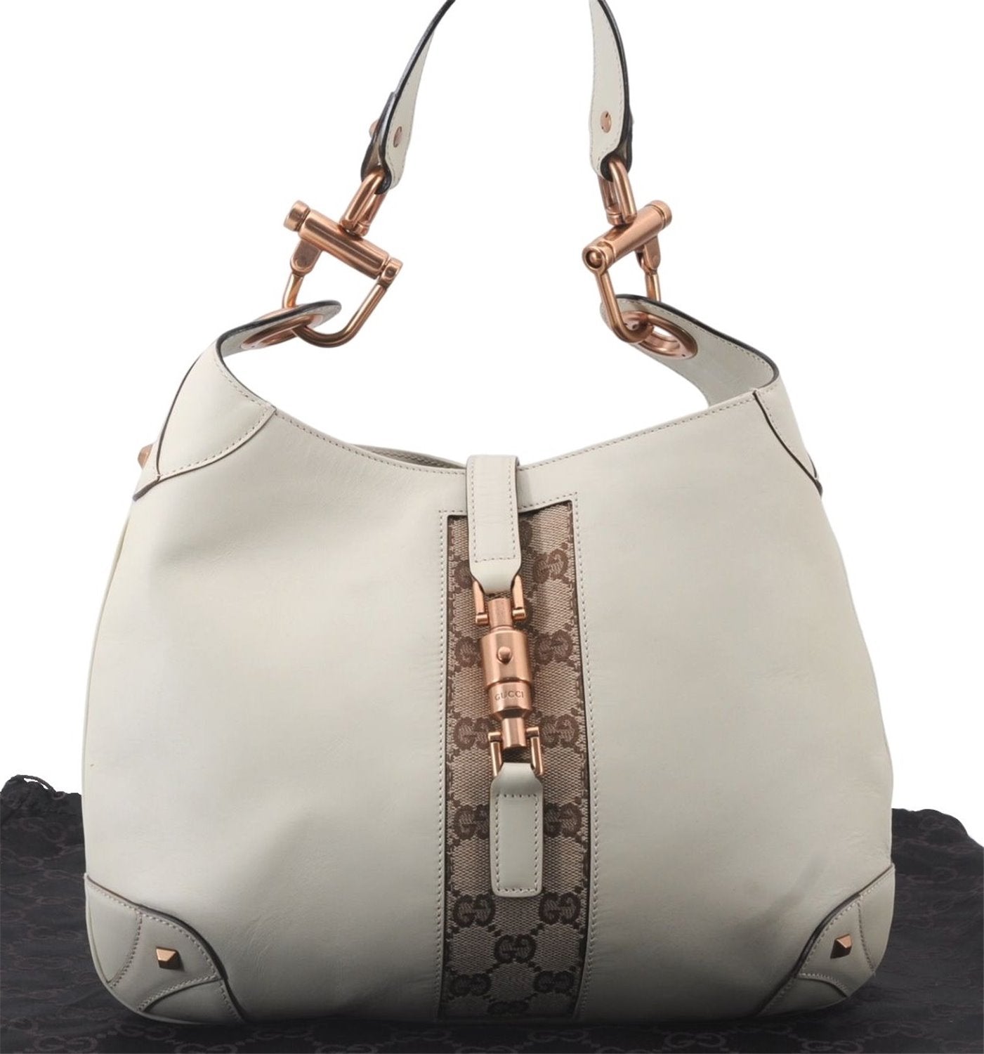 Authentic GUCCI New Jackie Shoulder Bag Leather GG Canvas 120888 Ivory 2782E