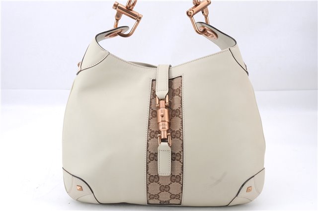 Authentic GUCCI New Jackie Shoulder Bag Leather GG Canvas 120888 Ivory 2782E