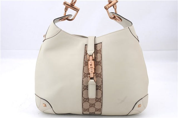 Authentic GUCCI New Jackie Shoulder Bag Leather GG Canvas 120888 Ivory 2782E