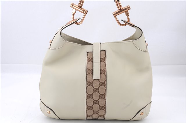 Authentic GUCCI New Jackie Shoulder Bag Leather GG Canvas 120888 Ivory 2782E