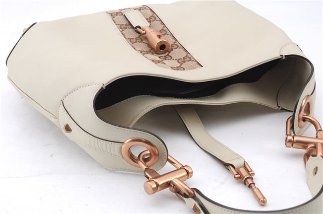 Authentic GUCCI New Jackie Shoulder Bag Leather GG Canvas 120888 Ivory 2782E